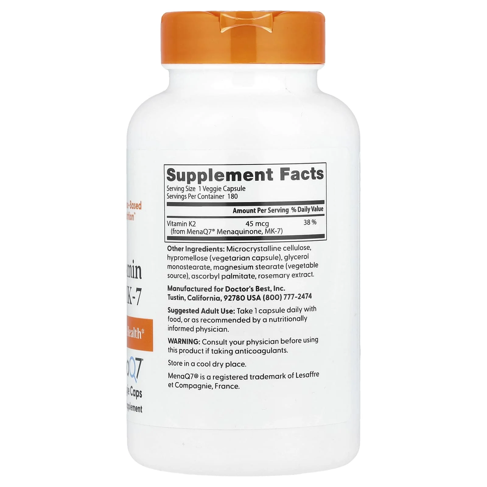 Doctor's Best, Doğal Vitamin K2 MK-7 MenaQ7 ile, 45 mcg, 180 Sebze Kapsülü