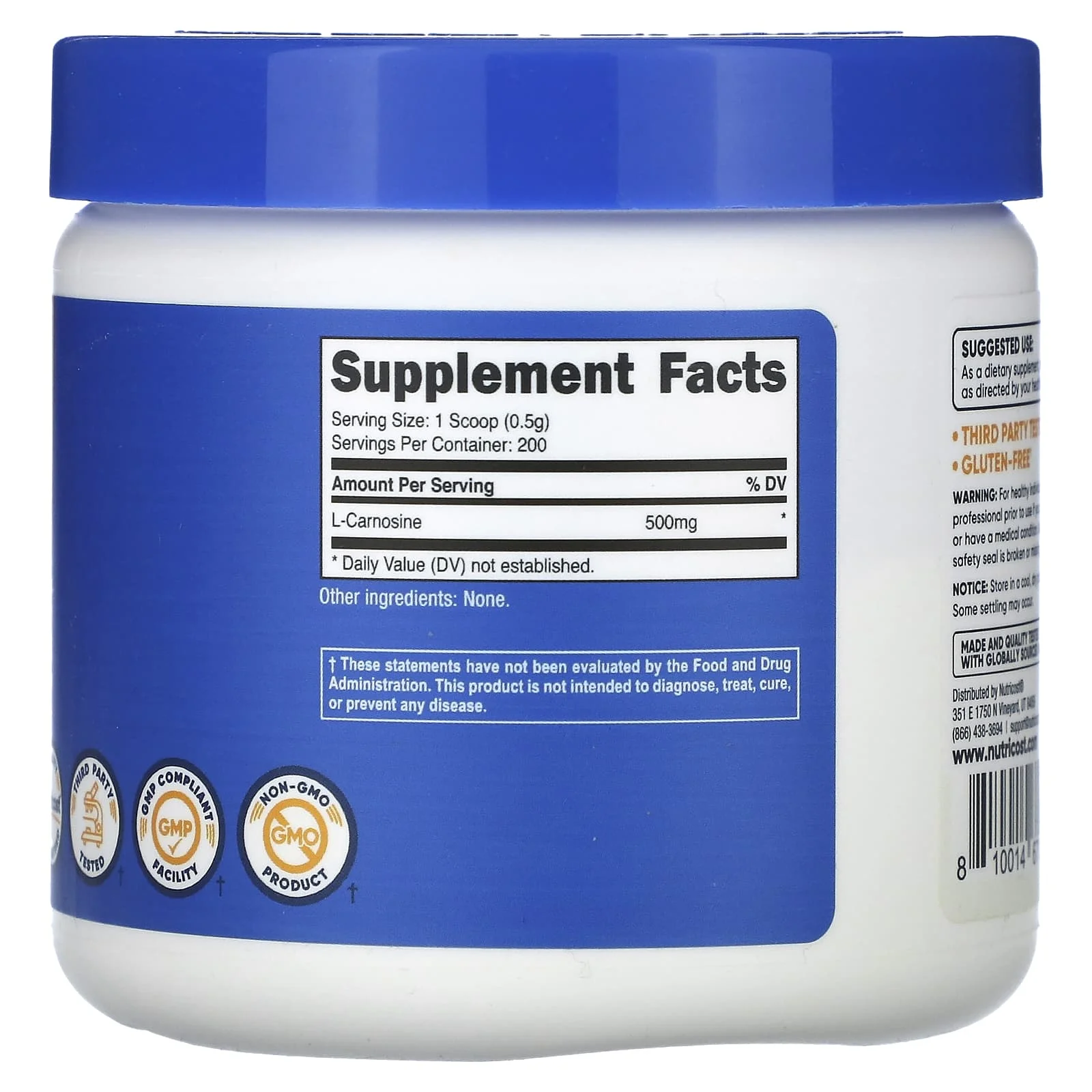 Nutricost, L-Karnosin, Aromasız, 3,5 oz (100 g)