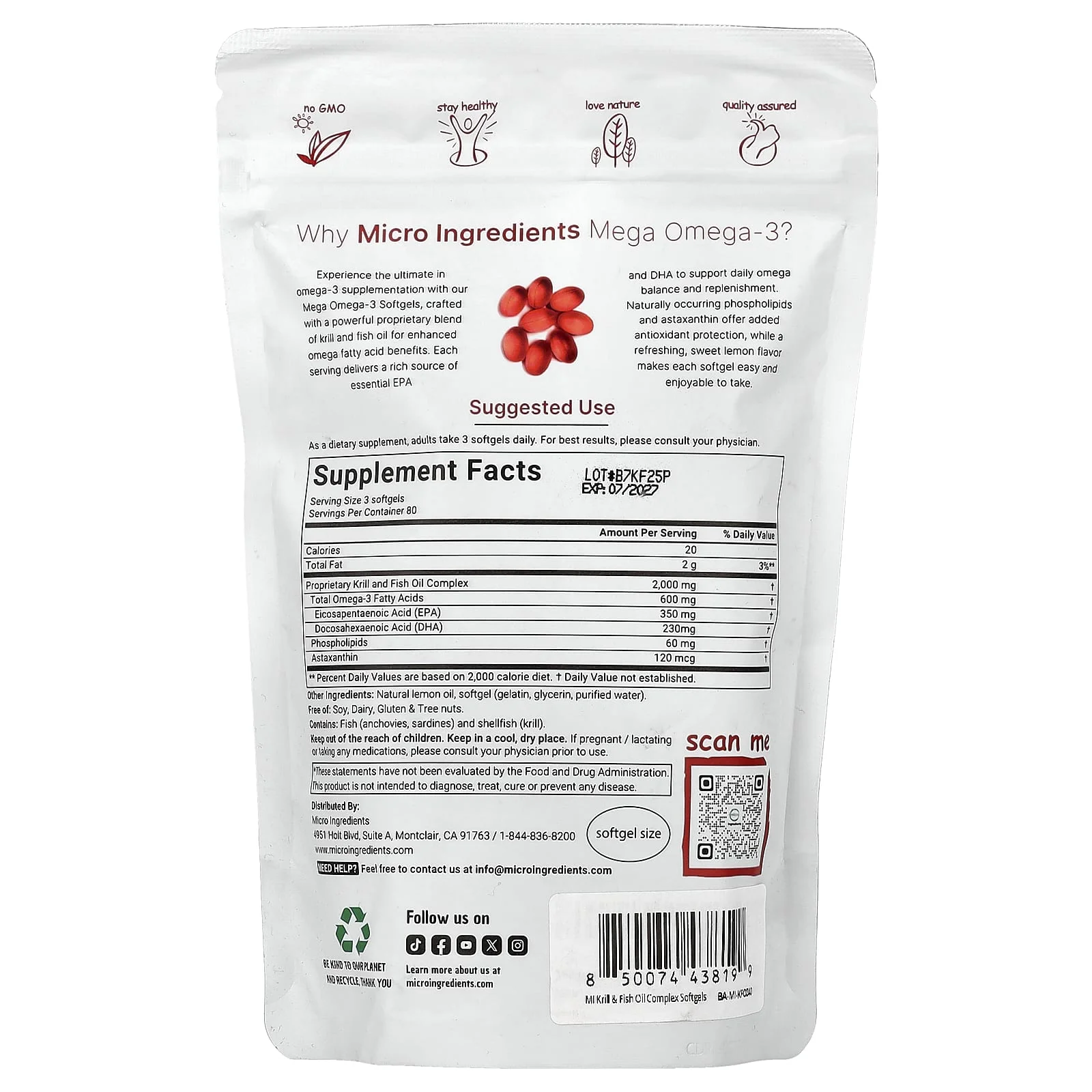 Micro Ingredients, Mega Omega-3 Krill & Fish Oil With Phospholipids & Astaxanthin, Lemon, 240 Softgels