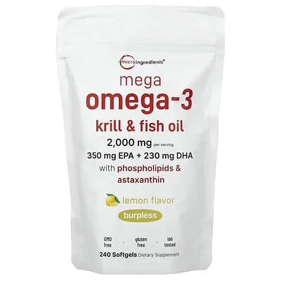 Micro Ingredients, Mega Omega-3 Krill & Fish Oil With Phospholipids & Astaxanthin, Lemon, 240 Softgels