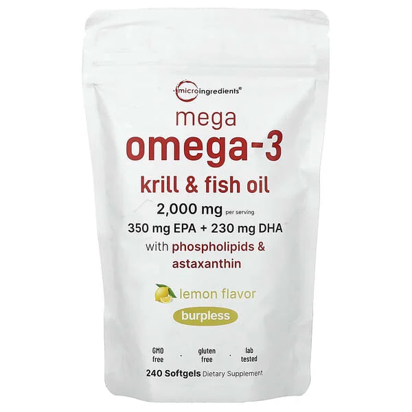 Micro Ingredients, Mega Omega-3 Krill & Fish Oil With Phospholipids & Astaxanthin, Lemon, 240 Softgels