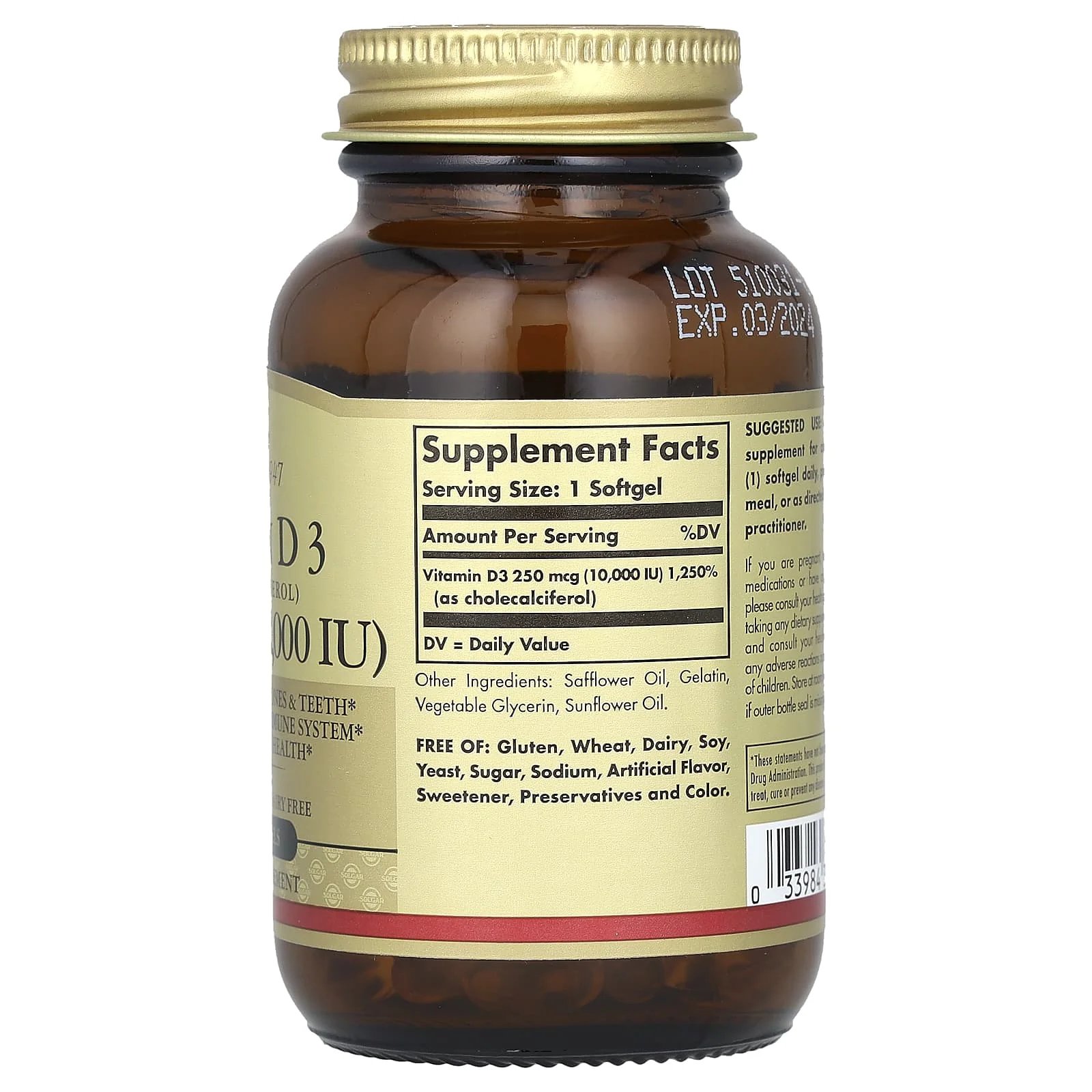 Solgar, D3 Vitamini (Kolekalsiferol), 250 mcg (10.000 IU), 120 Soft Jel