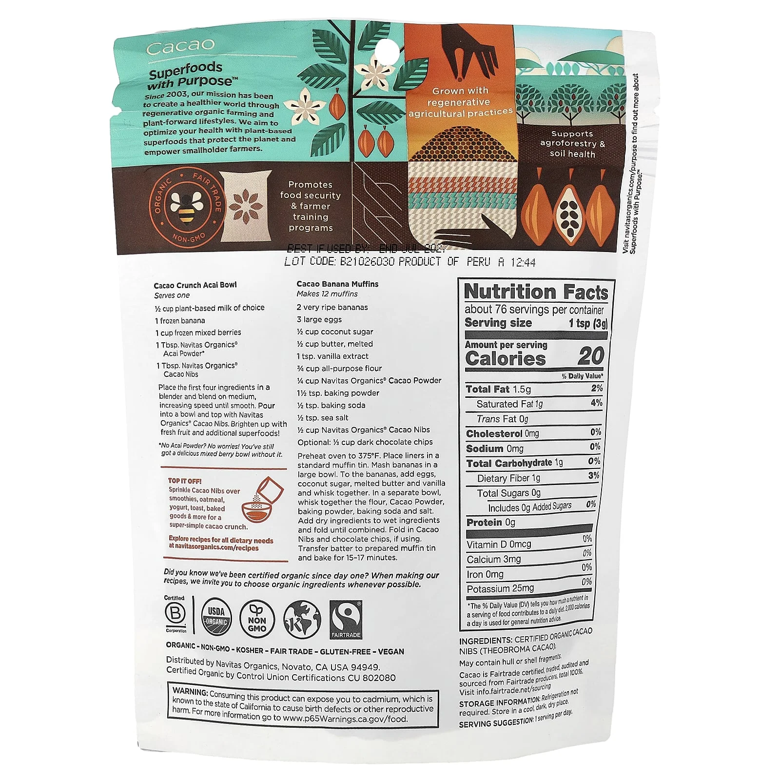 Navitas Organics, Organik Kakao Çekirdekleri, Tatlandırılmamış, 8 oz (227 gr)