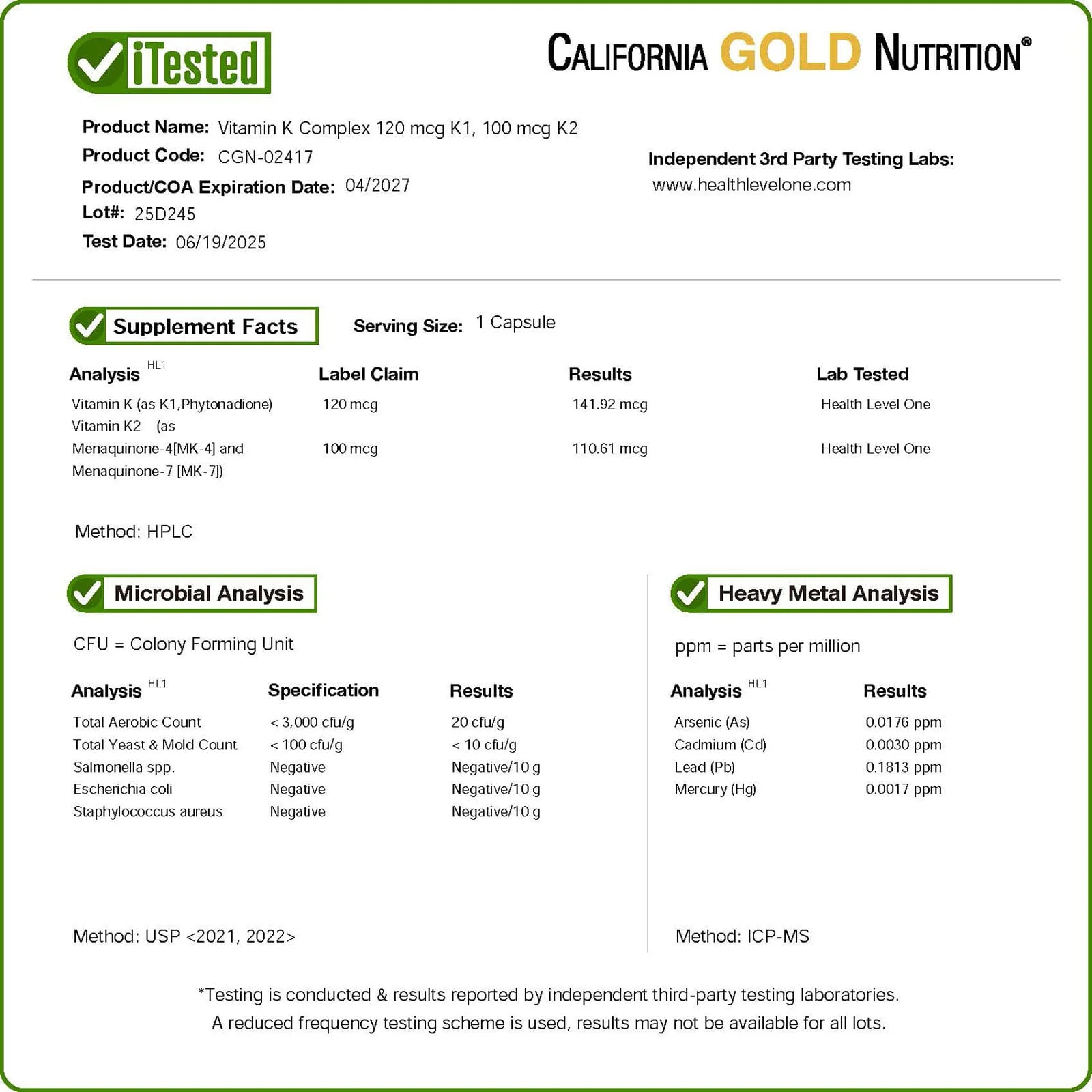 California Gold Nutrition, K Vitamini Kompleksi, 60 Bitkisel Kapsül